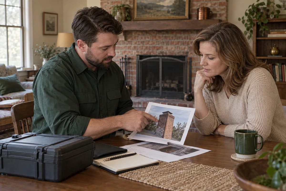 AI-generated illustration of a chimney technician discussing inspection photographs with a homeowner